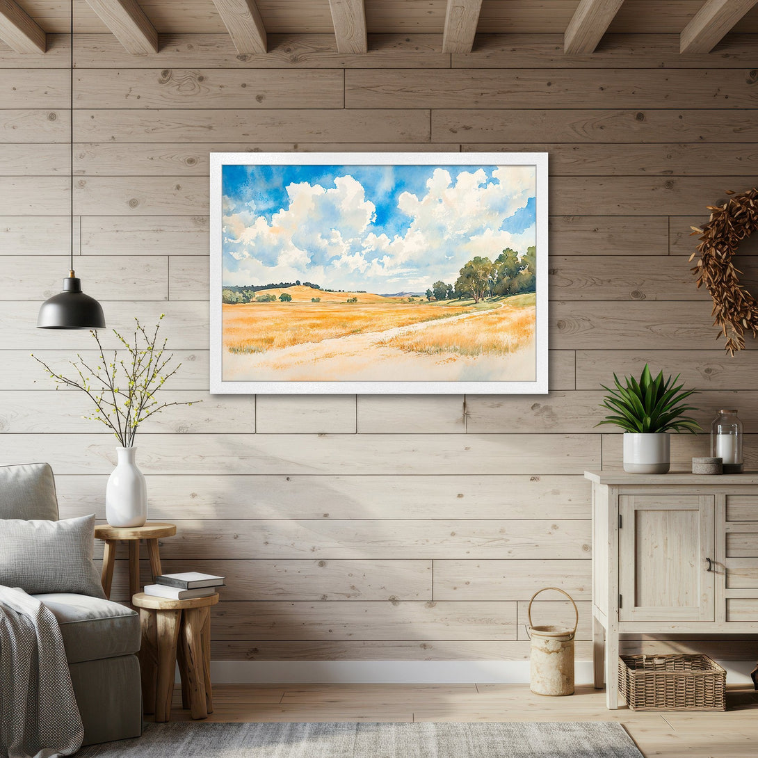 Framed Poster of a watercolor landscape with a blue sky, yellow fields, and green trees. Rustic style, warm color palette.