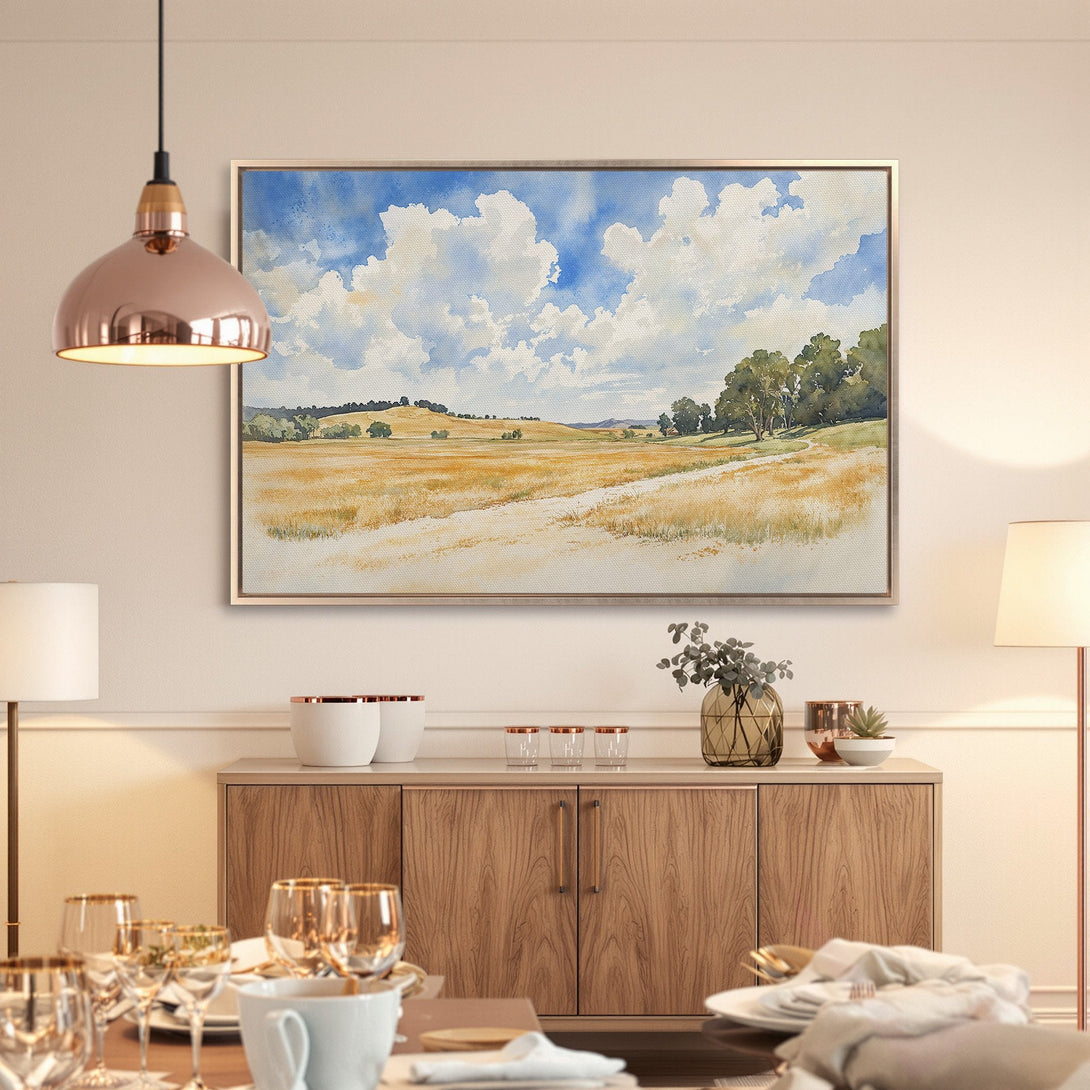 Framed Wall Art: Watercolor landscape print with blue sky & golden fields. Adds a touch of nature's beauty to any space. Warm, inviting color palette.