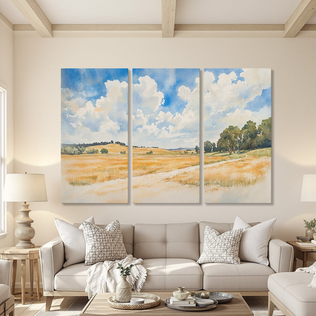 Canvas Print of a serene watercolor landscape with blue sky, white clouds, and golden fields. Adds a touch of nature to any room.