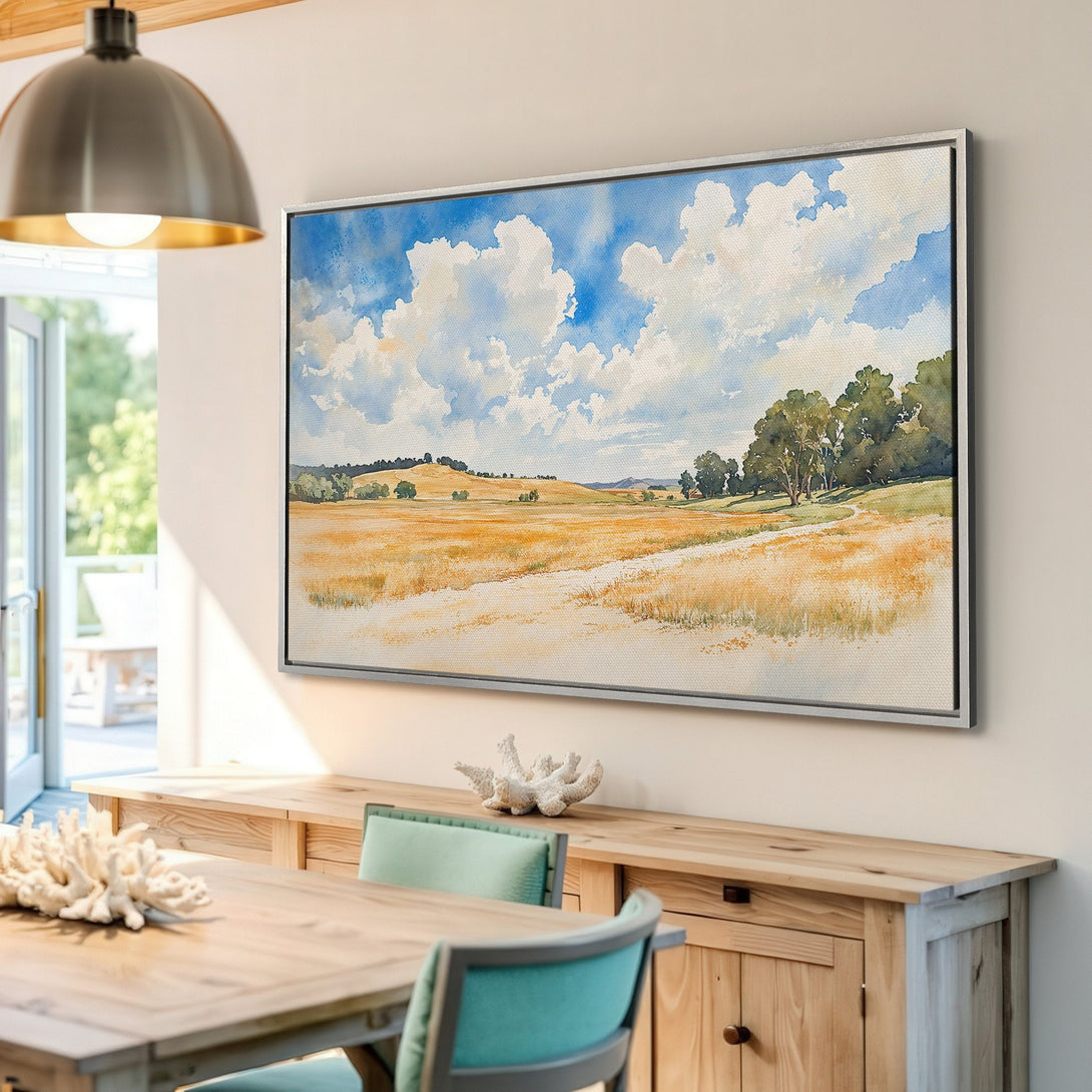 Framed Wall Art: Watercolor landscape Canvas Print. Featuring a field and sky in a soft, warm color palette. Perfect for adding a touch of nature to your home.