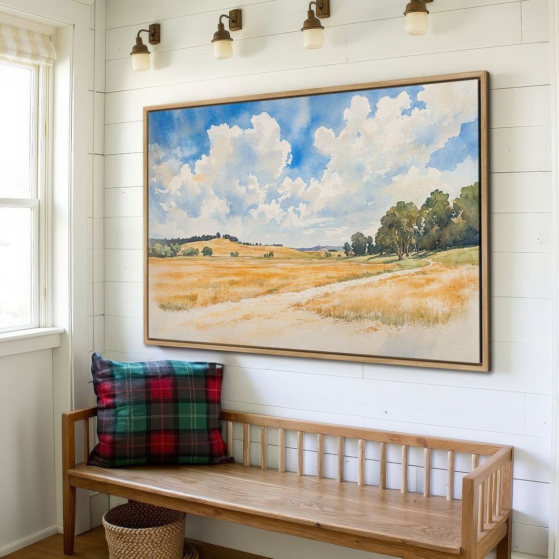 Framed Wall Art: Watercolor landscape Canvas Print in a farmhouse interior. Blue, yellow, and green color palette creates a serene atmosphere.