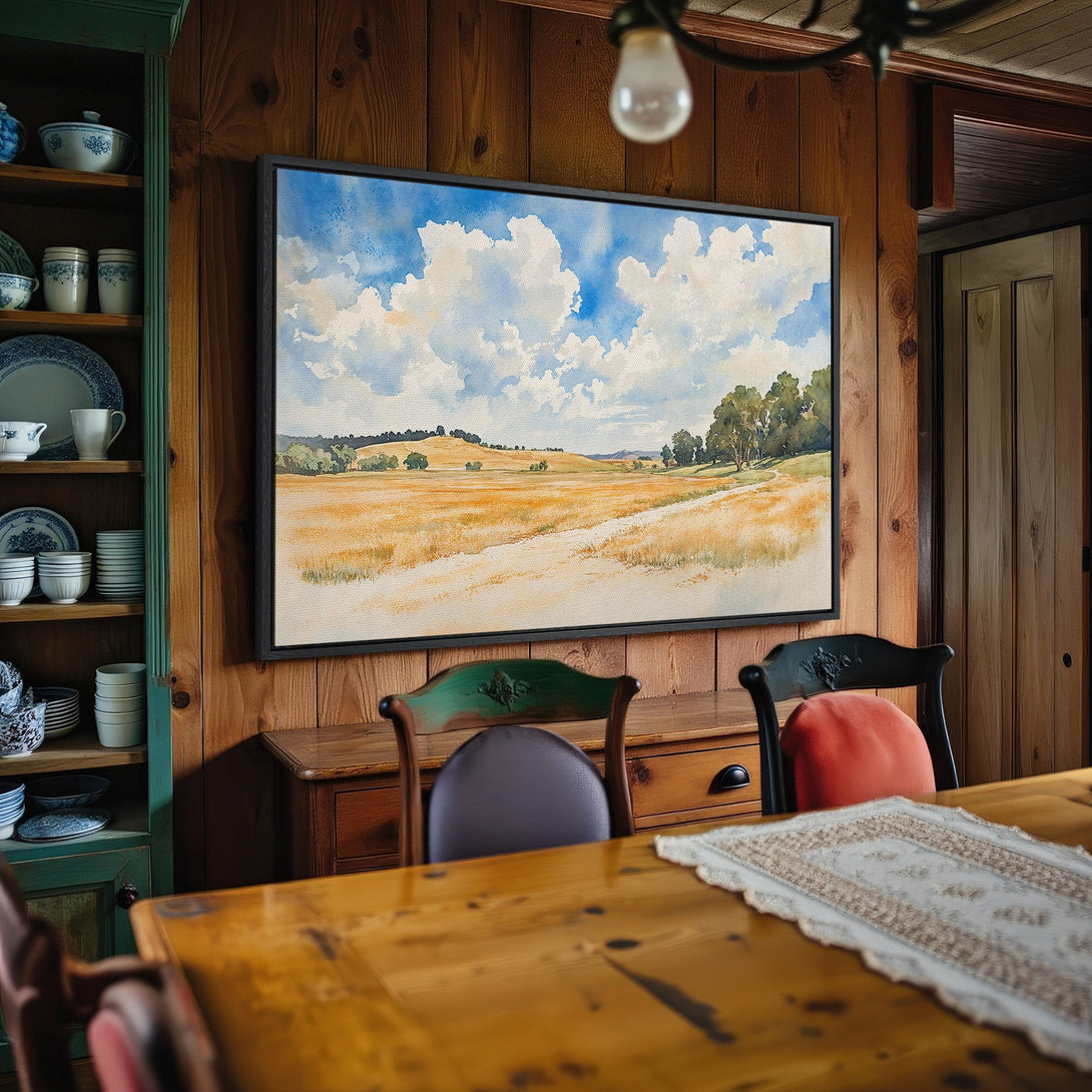Framed Wall Art: Watercolor landscape Canvas Print with blue sky, golden fields, and trees. Rustic style, warm color palette. Perfect for home decor.