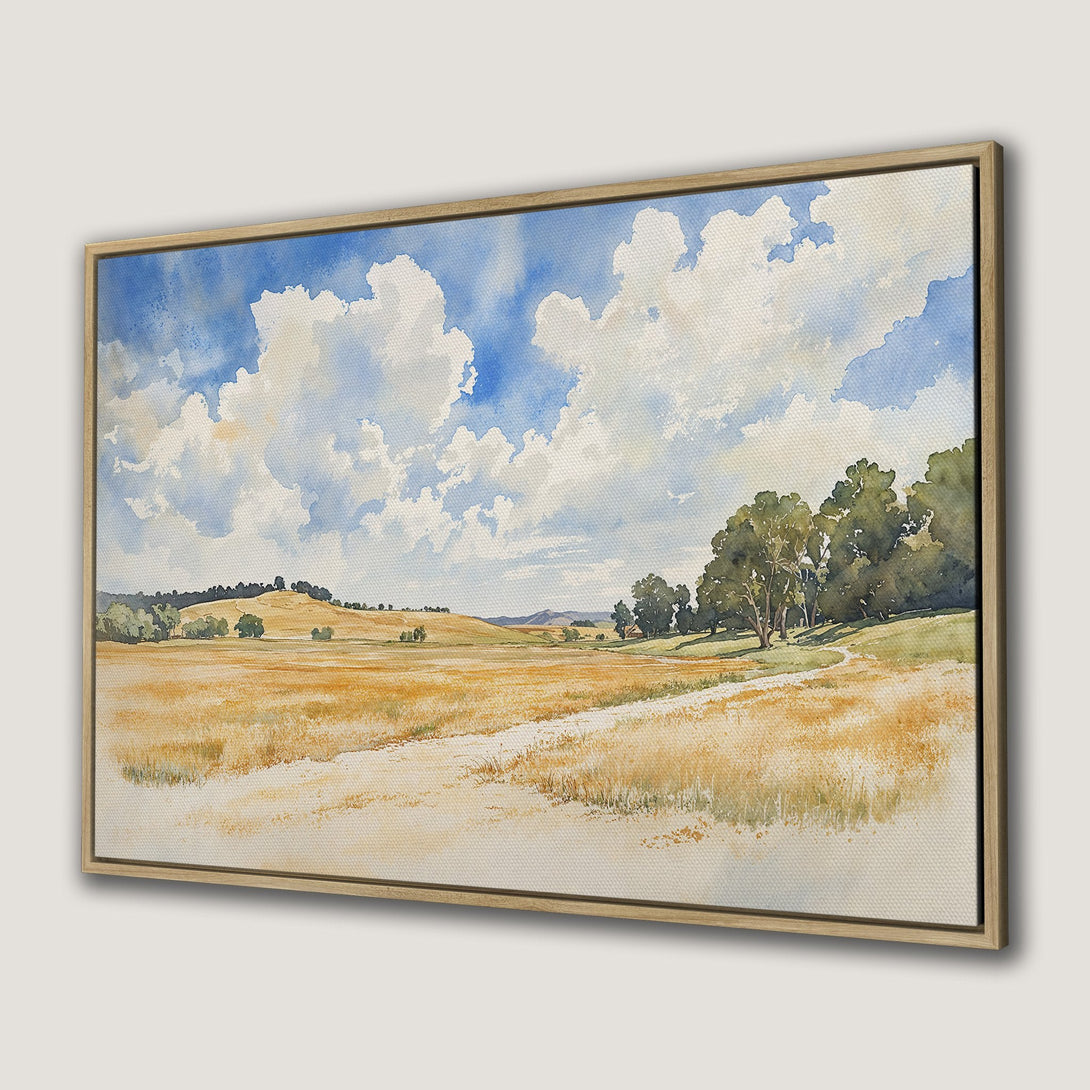 Canvas Print of a watercolor landscape with a blue sky, golden fields, and green trees. A beautiful piece of Framed Wall Art.