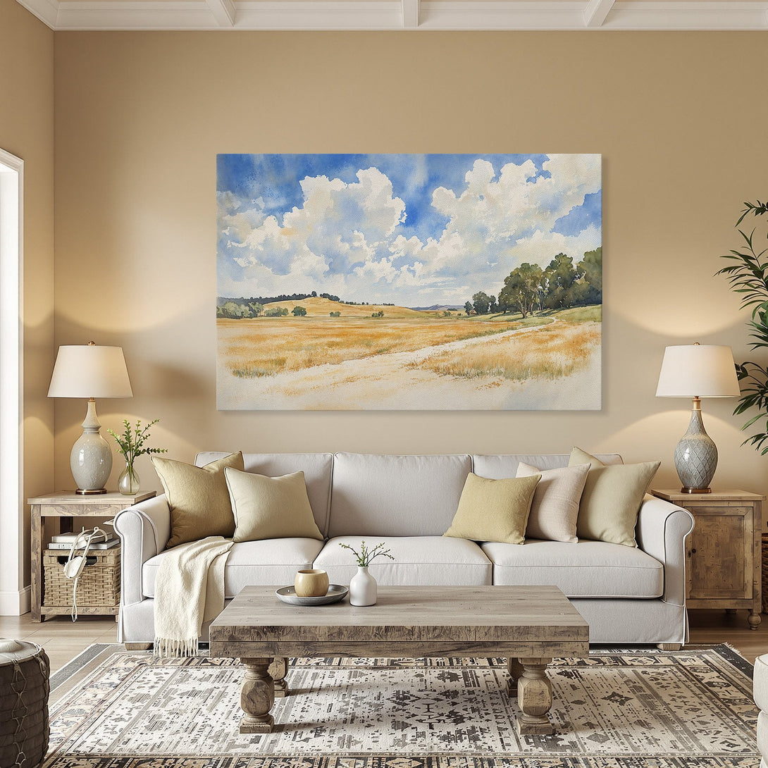 Framed Wall Art: Watercolor landscape Canvas Print with blue sky, golden field, and green trees. Adds serene, natural beauty to any space.