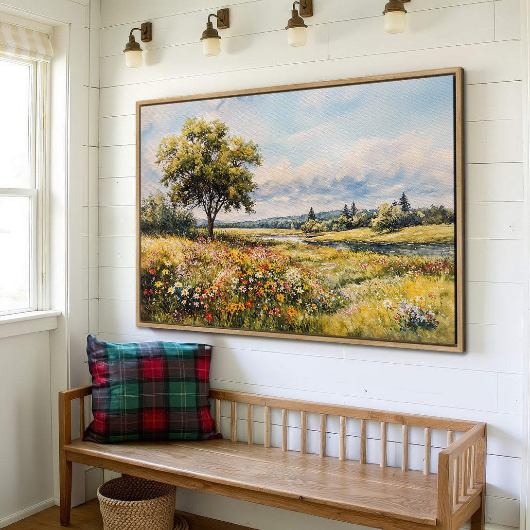 Framed Wall Art: Landscape Canvas Print with a serene meadow scene in watercolor style. Features a warm, inviting color palette of blues, greens, and yellows.