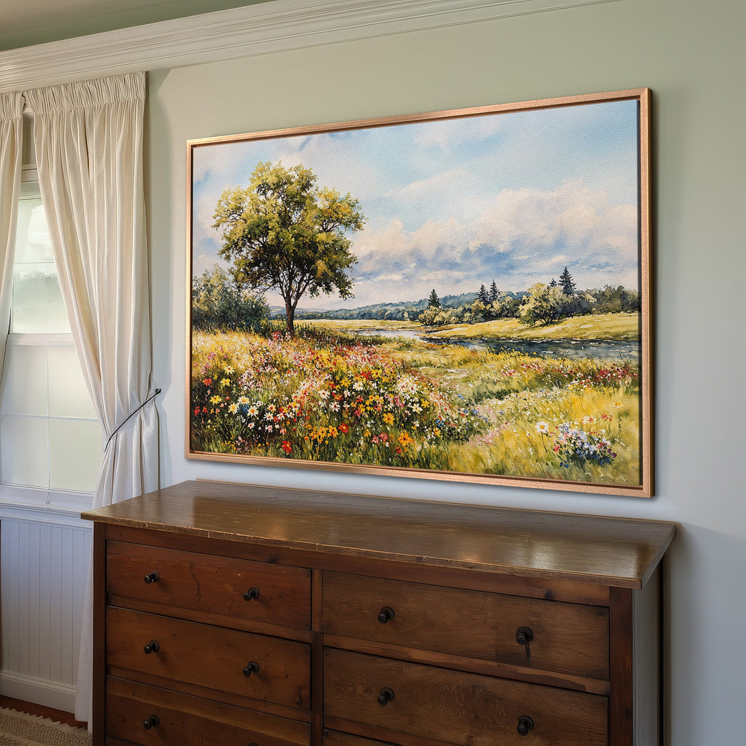 Framed Wall Art Canvas Print of a vibrant landscape painting with a warm, colorful palette. Adds a touch of nature and art to your home decor.