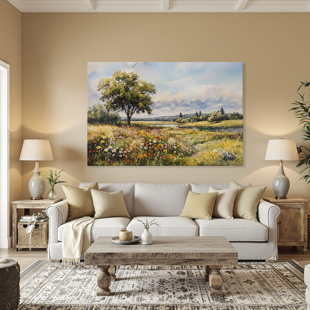 Framed Wall Art: Landscape painting with vibrant wildflowers, green trees, and blue sky. Warm, inviting color palette for your home decor.