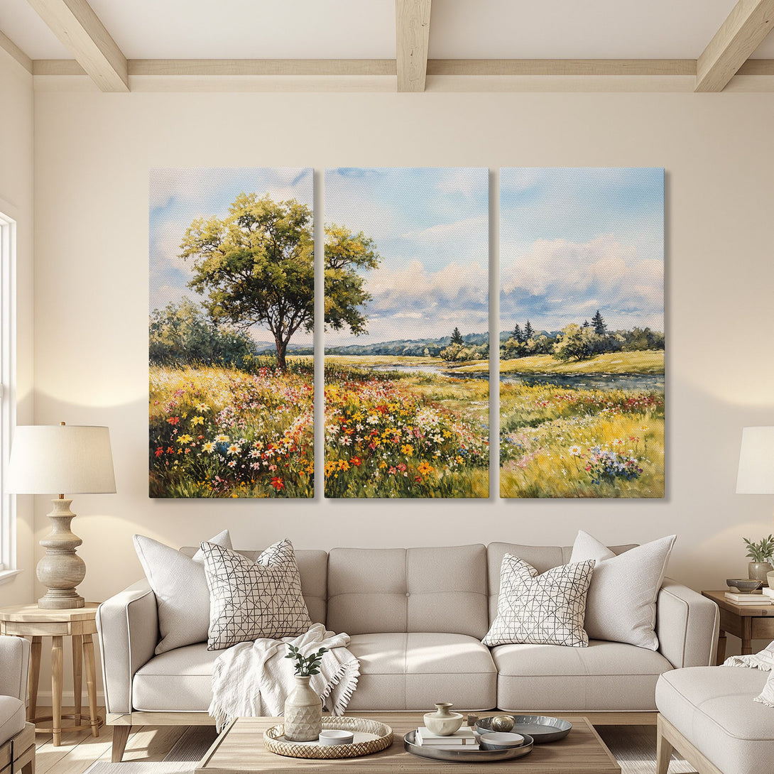 Canvas Print of a vibrant landscape painting with a tree and wildflowers, featuring a warm, natural color palette. Perfect for home decor!
