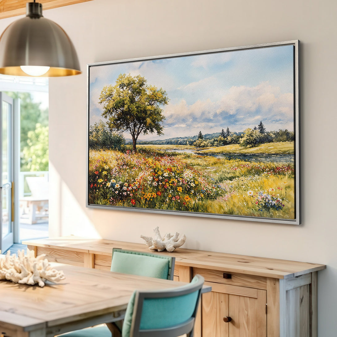 Framed Wall Art: Landscape Canvas Print with a vibrant meadow scene. Features warm yellows, greens, and blues, perfect for adding a touch of nature to your home.