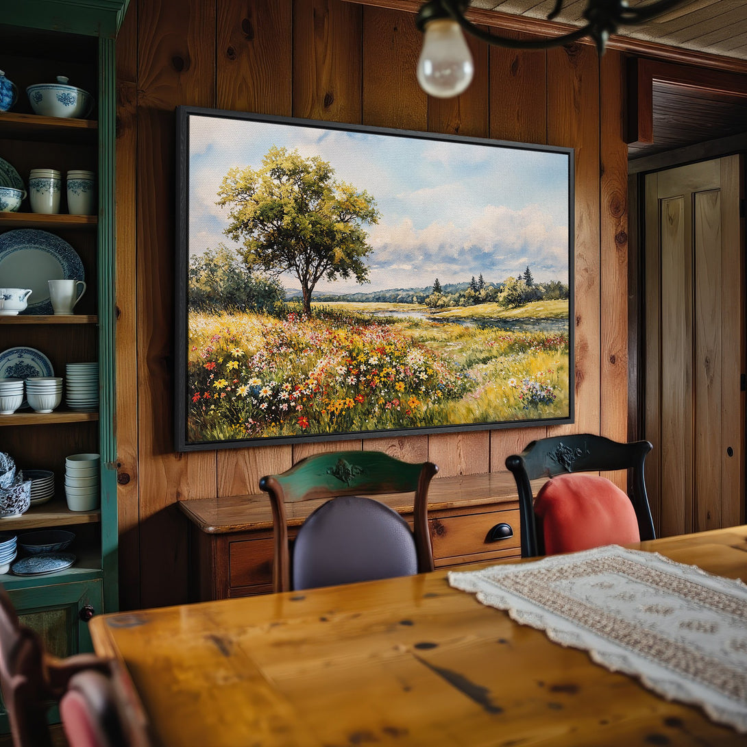 Framed Wall Art: Landscape painting with a tree and wildflowers, warm color palette. Perfect for rustic interior decor, add a touch of nature.