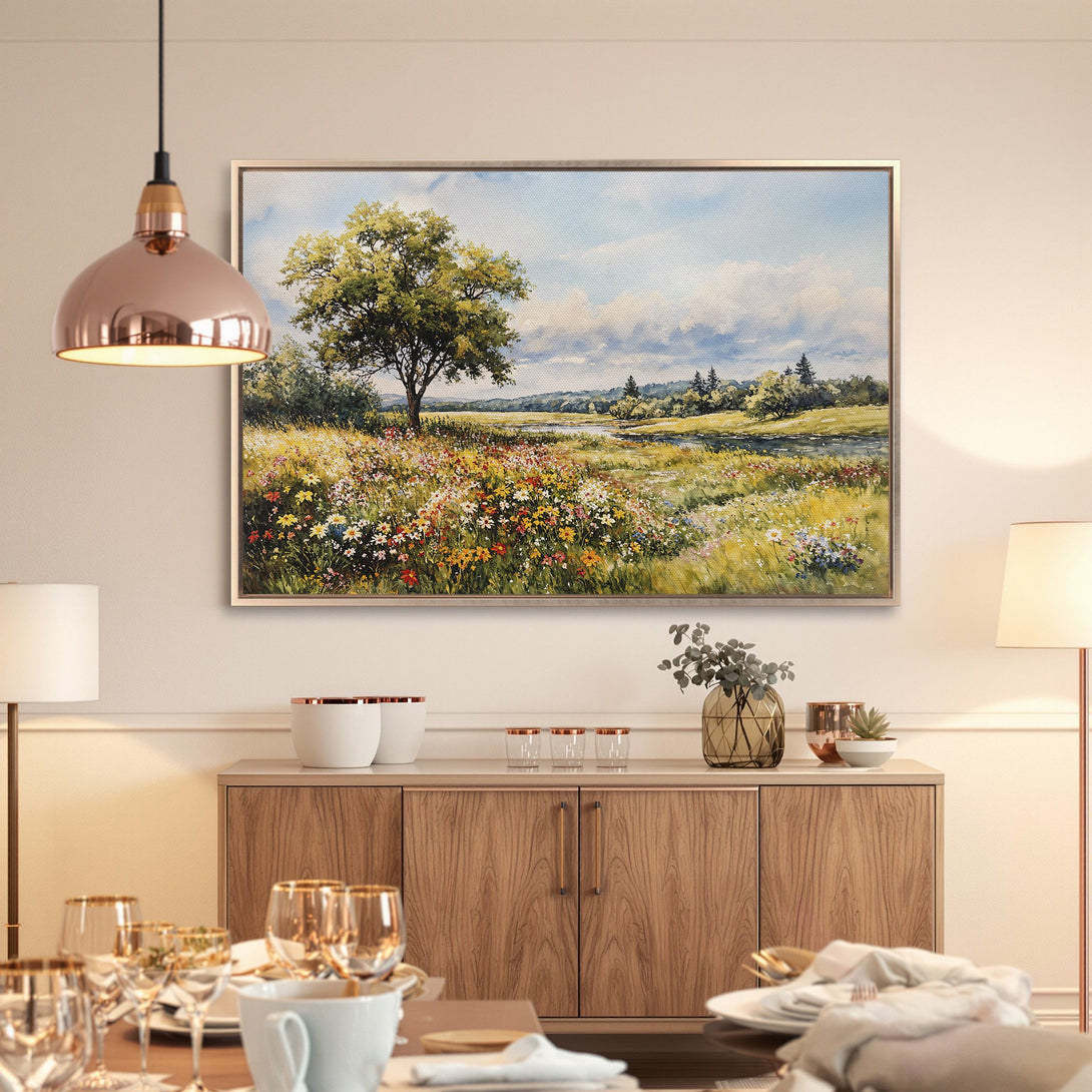 Framed Wall Art: Landscape painting of a meadow with a tree, in a soft, impressionistic style with a warm, natural color palette.