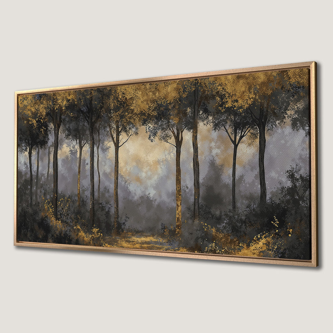 Framed Wall Art featuring a forest scene with gold and gray tones. Abstract art style, perfect for adding a touch of elegance to your space.