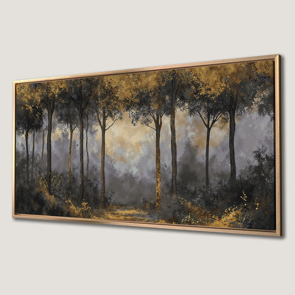 Framed Wall Art featuring a forest scene with gold and gray tones. Abstract art style, perfect for adding a touch of elegance to your space.