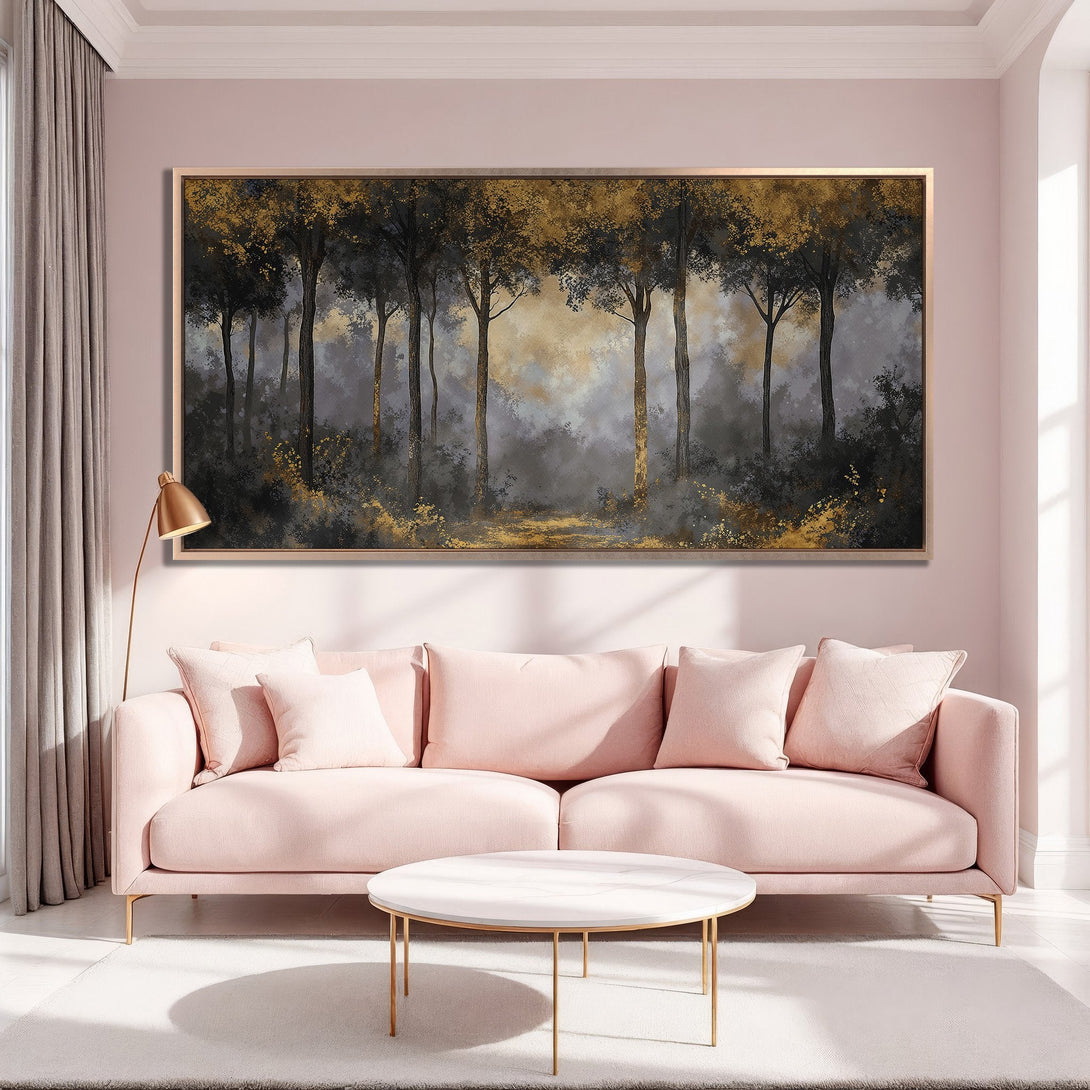 Framed Wall Art: Abstract forest scene in gold, black, and gray tones. Adds a touch of elegance to any space. Shop now!
