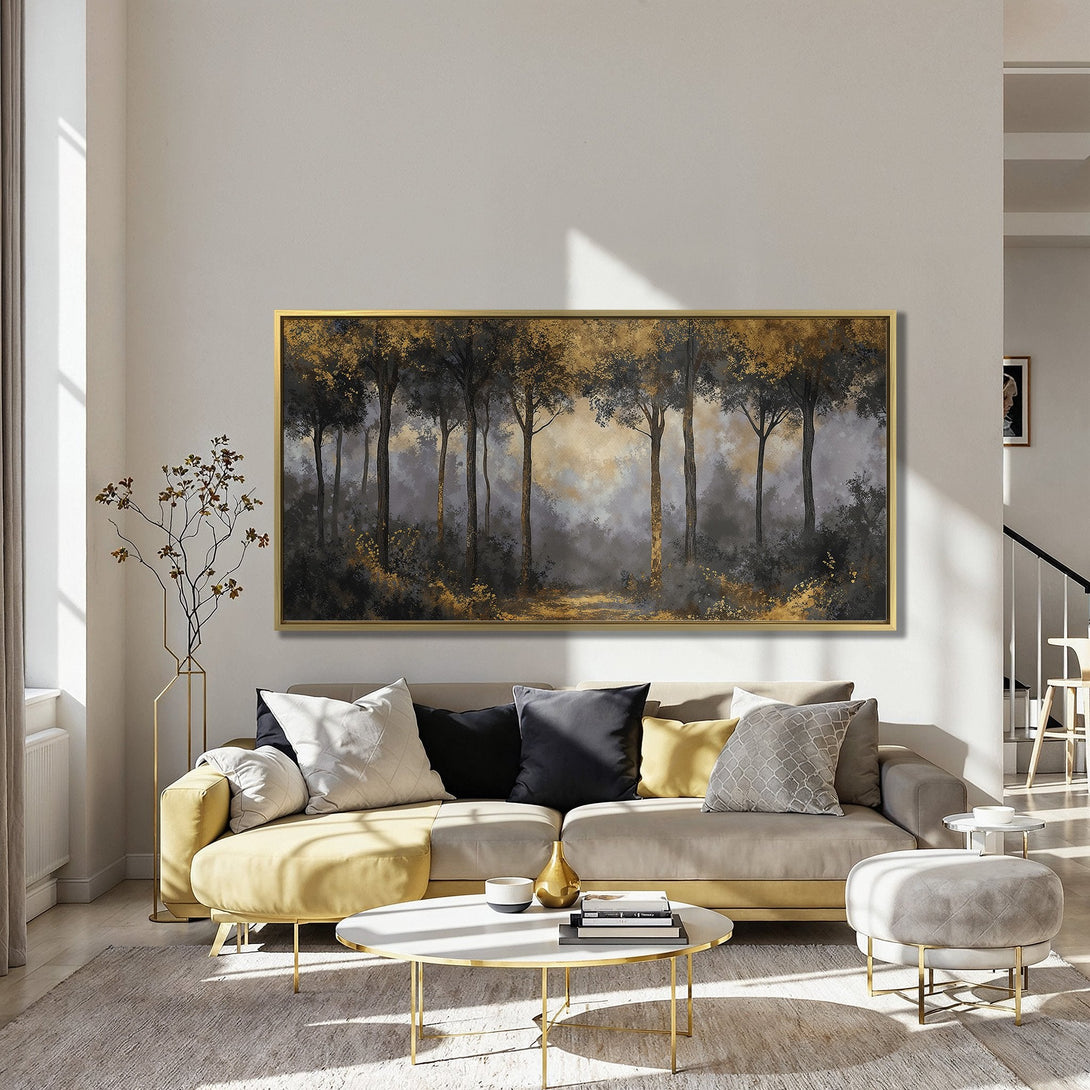 Canvas Print: Abstract forest art in gold, black, and gray tones. Modern wall decor for a stylish interior.