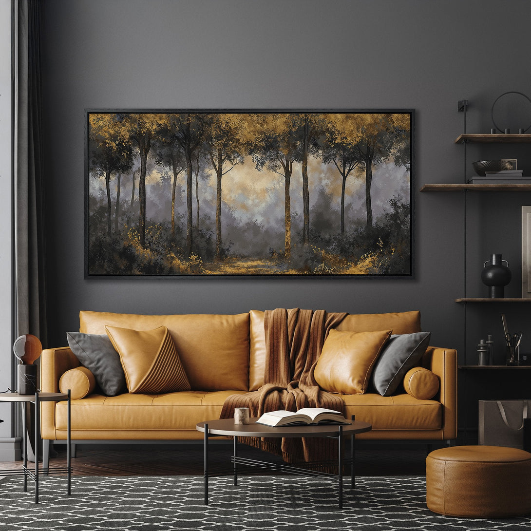 Framed Wall Art: Abstract forest scene with gold accents. Modern canvas print in a moody, neutral color palette, perfect for living room decor.