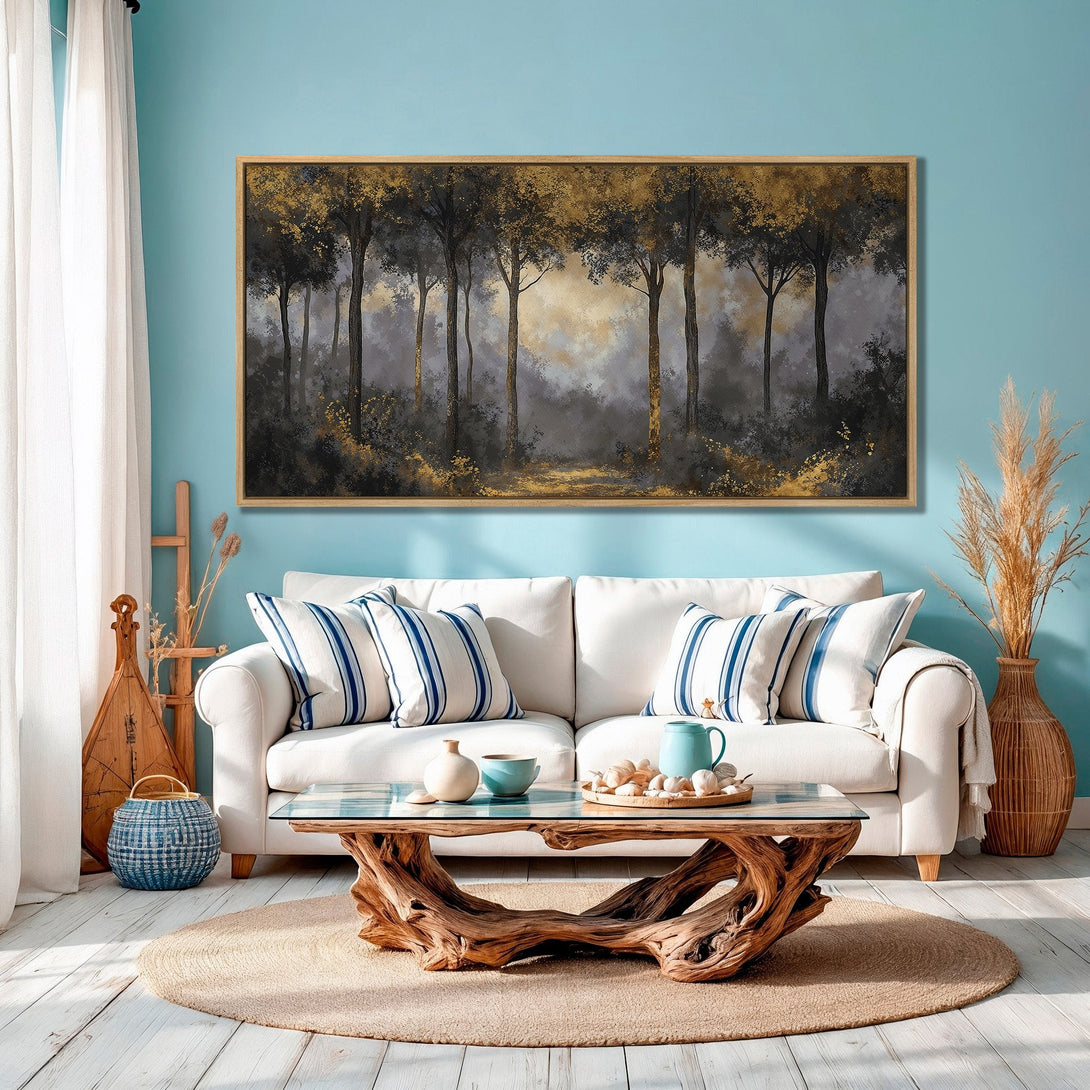 Framed Wall Art: Abstract forest scene in gold, gray, and black. Modern art canvas print adds a touch of elegance to any space.