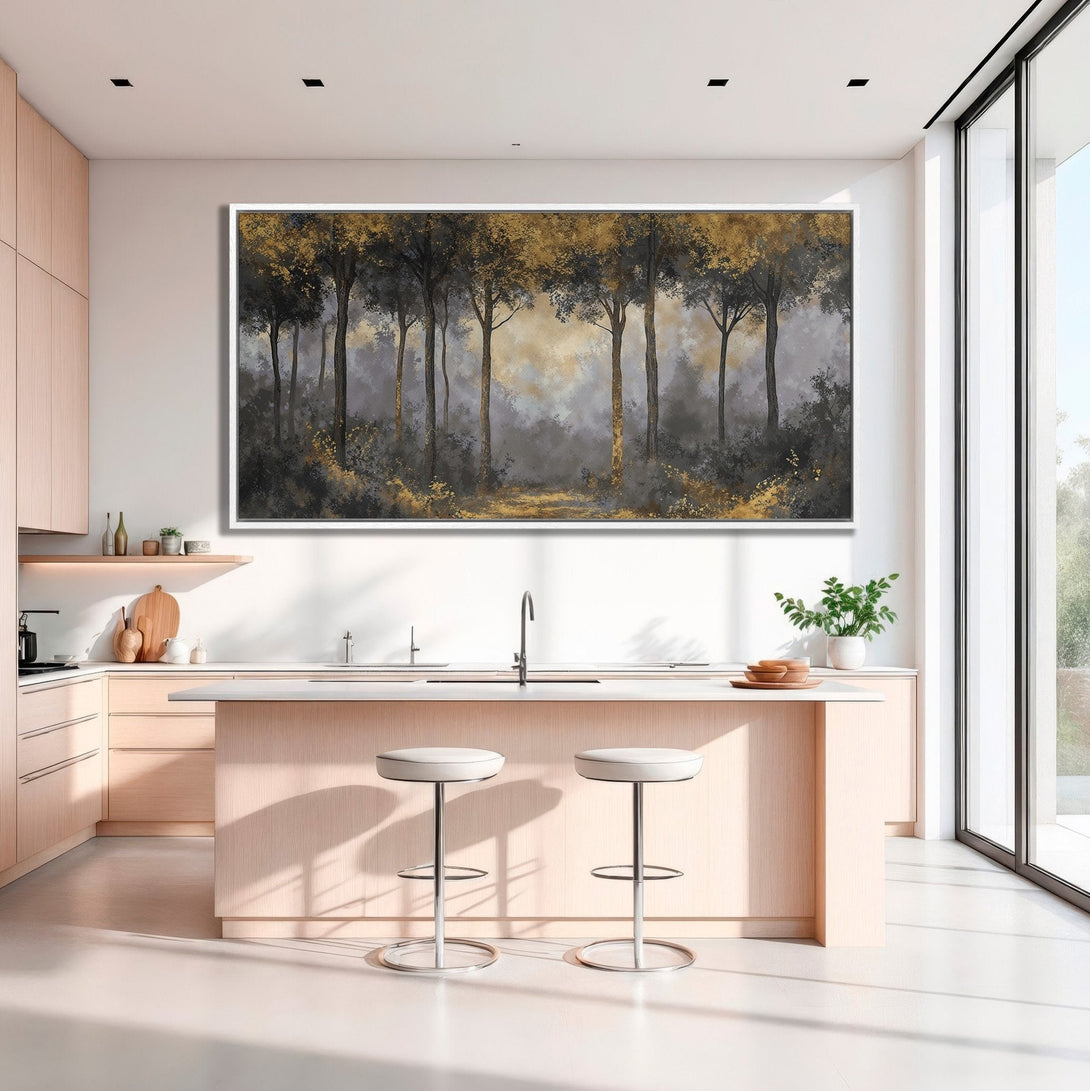 Framed Wall Art: Abstract forest scene in gold, gray, and black. Modern canvas print adds a touch of nature and elegance to any kitchen.
