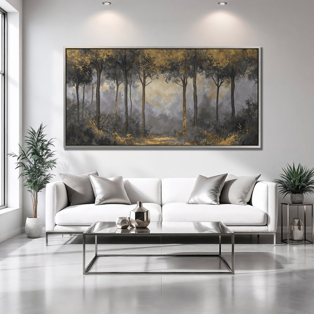 Framed Wall Art: Abstract forest scene in gold, gray, and black. Modern canvas art for living room decor. Enhance your space with this stylish print.