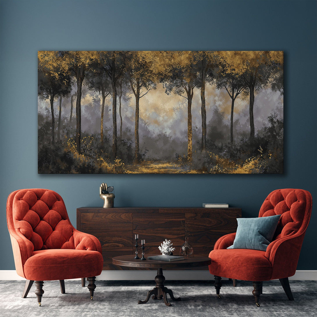 Framed Wall Art: Abstract forest scene in gold, gray, and black. Modern canvas print adds a touch of elegance to any interior. Shop now!