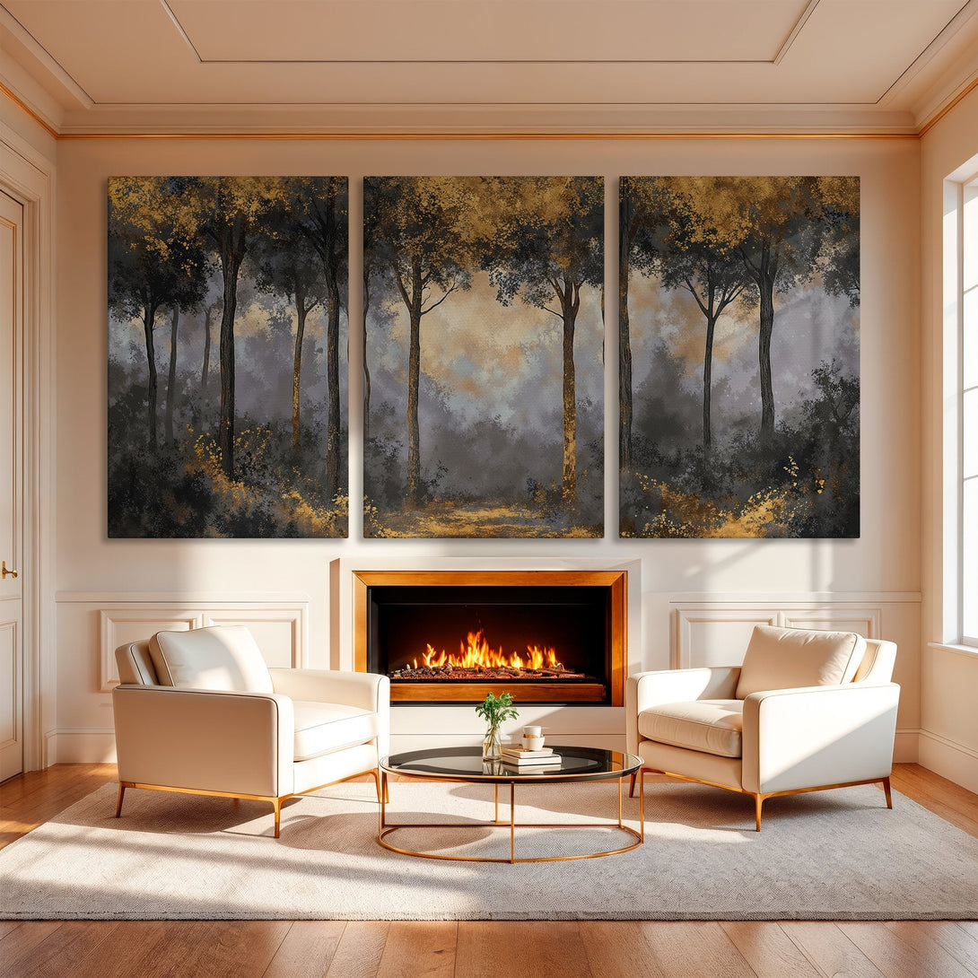 Abstract forest Canvas Print in gold, black, and gray, displayed in a modern living room. Enhance your space with elegant wall art.