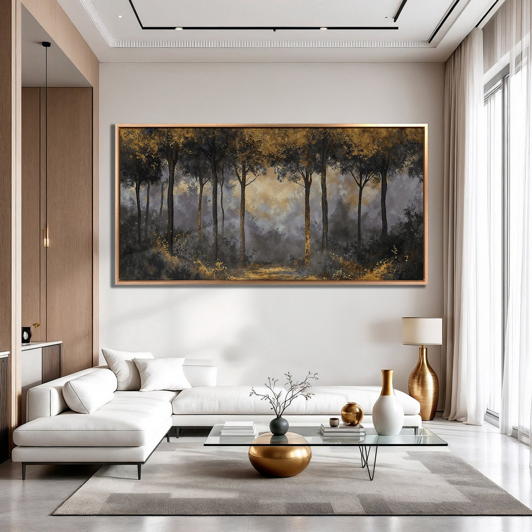 Framed Wall Art featuring a serene forest scene in a modern, minimalist style. Earthy tones with gold accents create an elegant and calming atmosphere.
