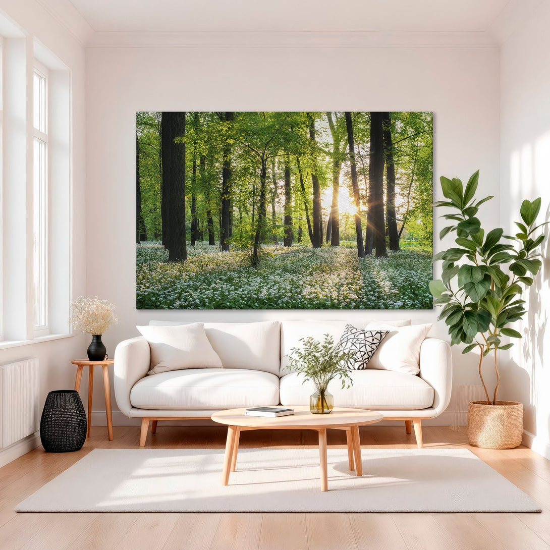 Framed Wall Art: Forest scene Canvas Print with green and gold color palette, showcasing a bright, natural landscape. Perfect for home decor.