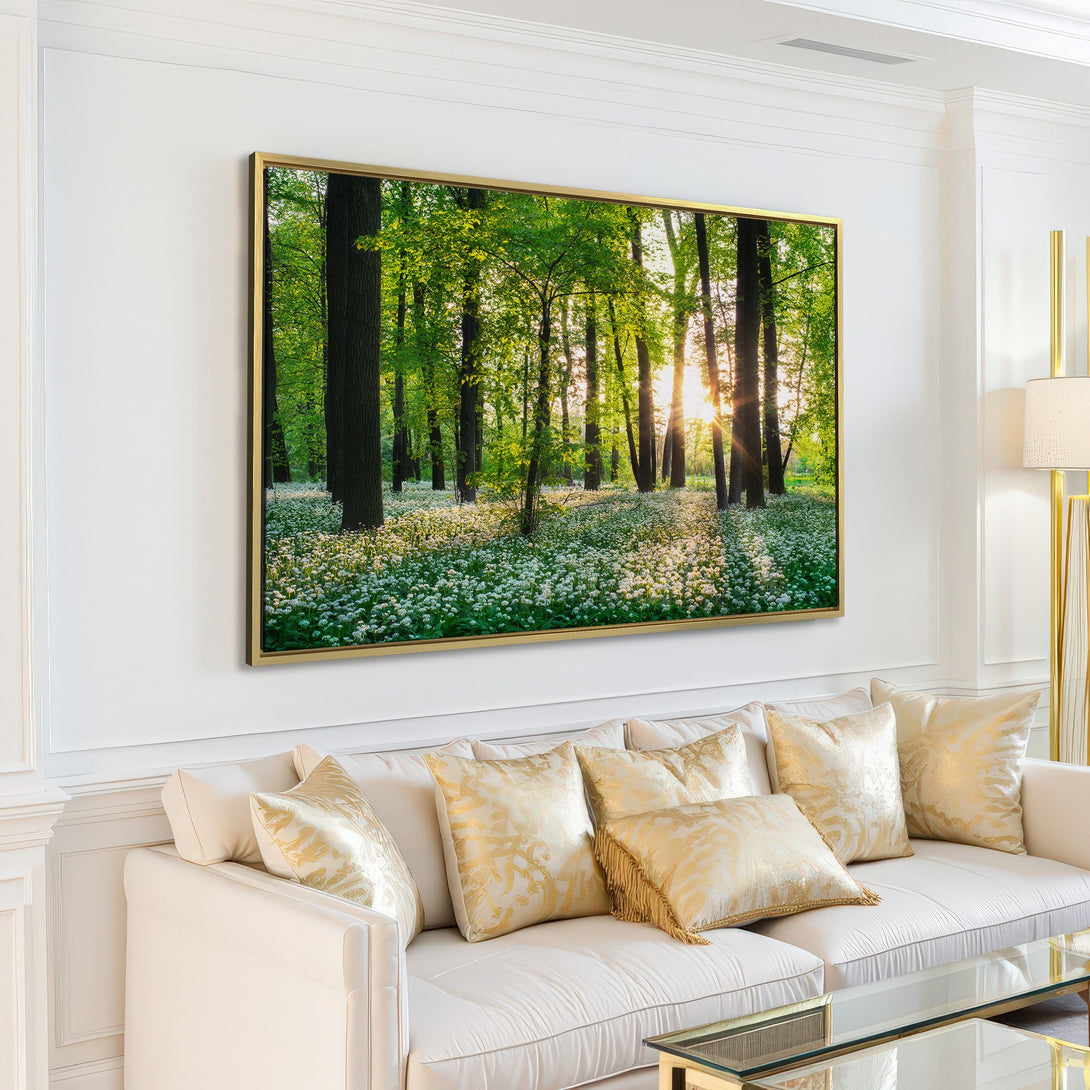 Canvas Print of a serene forest scene, featuring lush greens, white flowers, and warm sunlight. Perfect for adding natural beauty to your home.