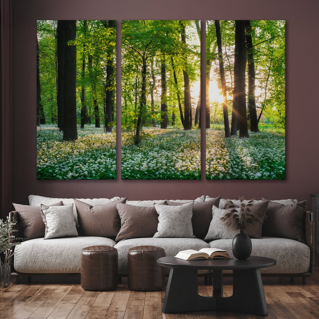 Canvas Print of a serene forest scene with vibrant green and white hues. Perfect for adding a touch of nature's beauty to your home.