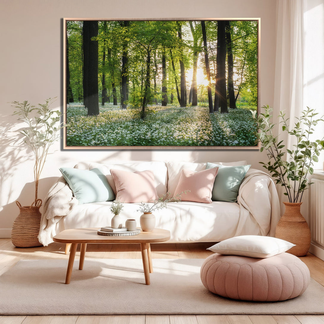 Framed Wall Art: Serene forest scene with vibrant greens and warm sunlight. Earthy tones create a calming aesthetic. Perfect for adding nature's beauty indoors.