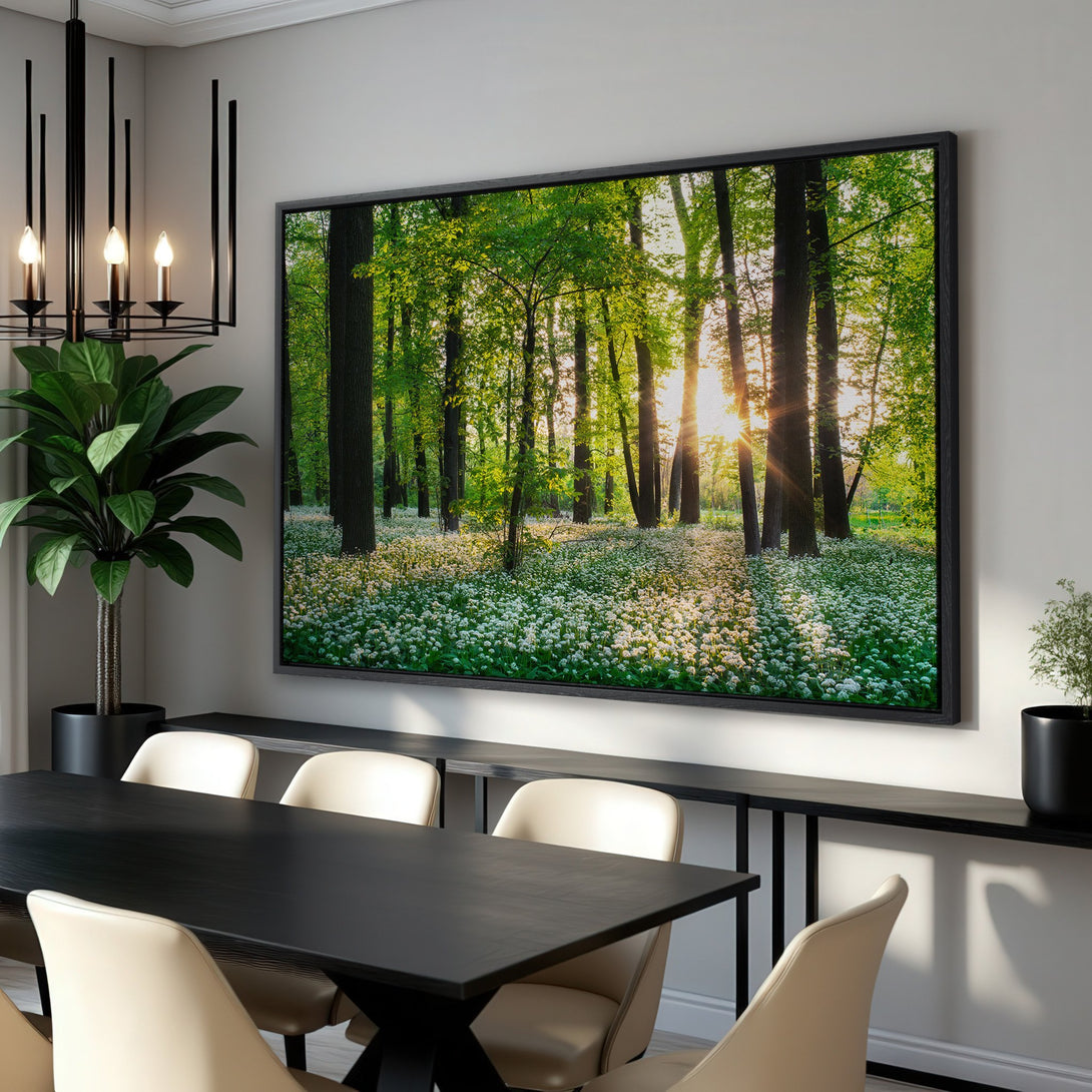 Framed Wall Art: Serene forest scene in green and gold tones. Bring nature indoors with this stunning canvas print, perfect for any room.