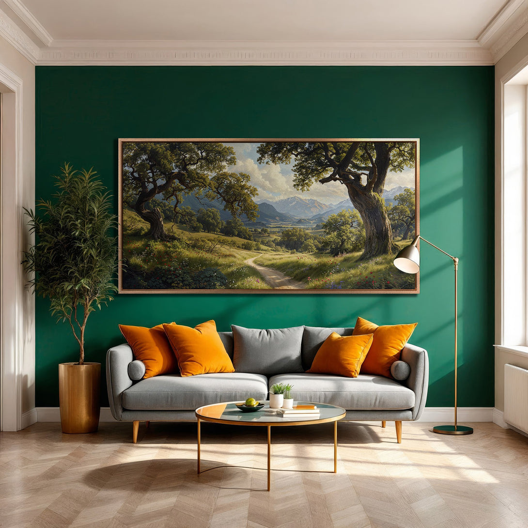 Framed Wall Art: Landscape Canvas Print in a living room. Features a serene nature scene with green, blue, and yellow tones. Modern interior design inspiration.