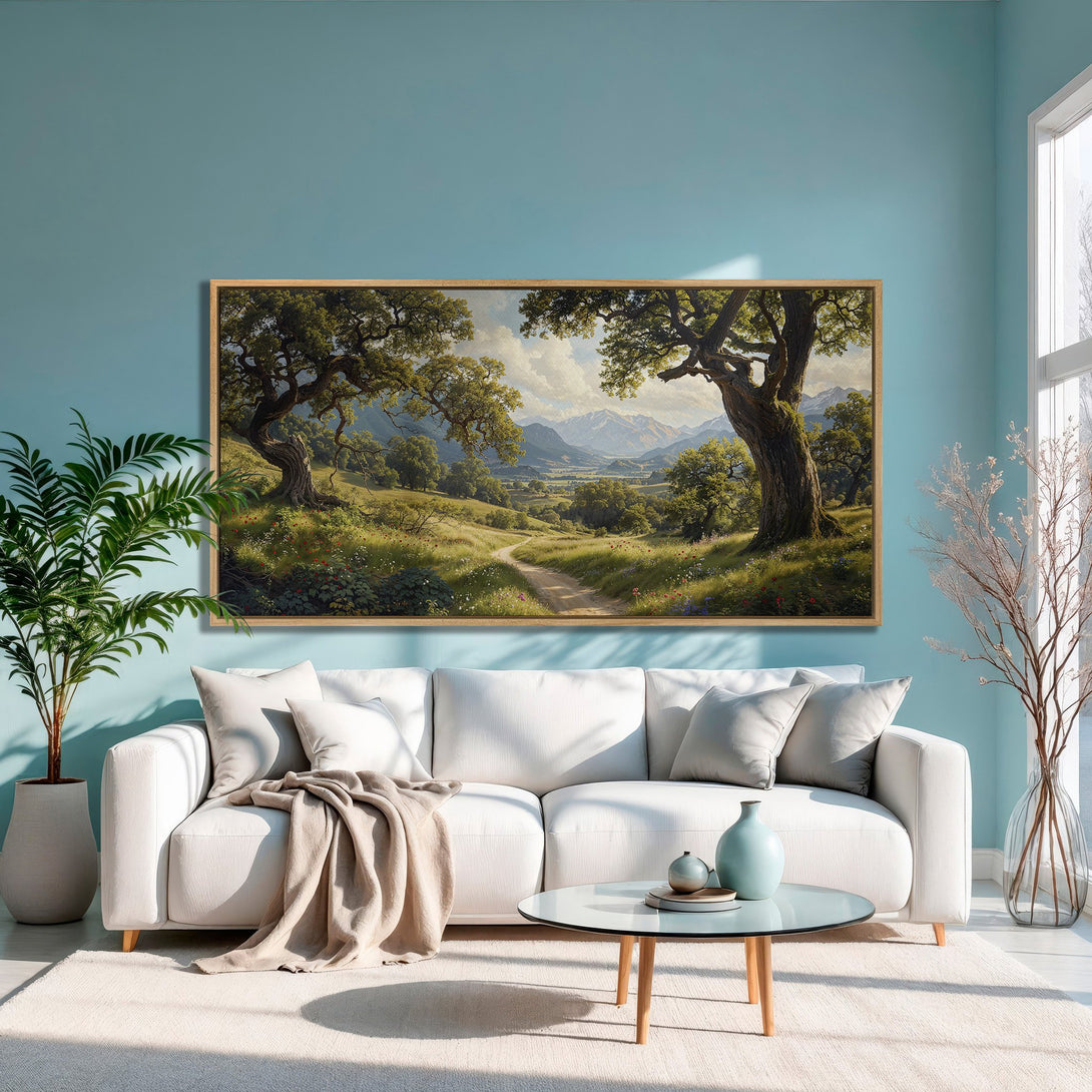 Framed Wall Art: Landscape Canvas Print featuring a serene meadow scene with a natural, warm color palette. Perfect for adding a touch of nature to your home.