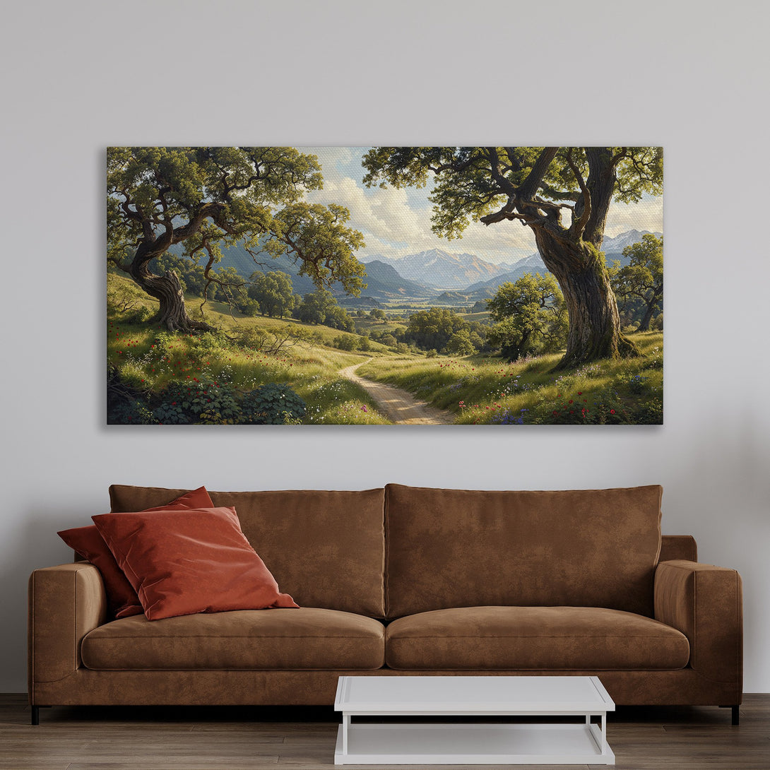Framed Wall Art: Landscape Canvas Print of a serene path through a green meadow with trees, mountains, and a warm, inviting color palette.
