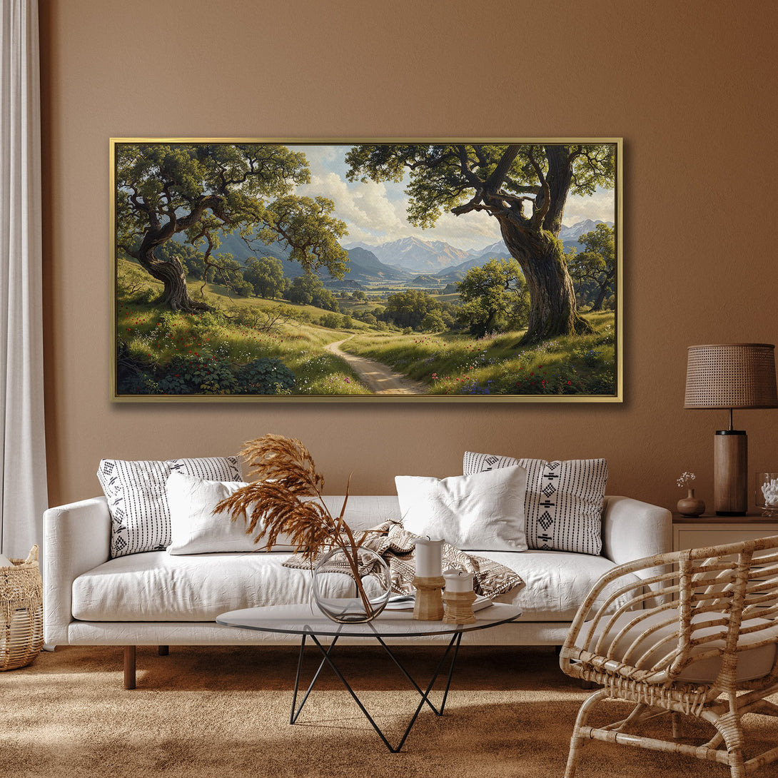 Canvas Print of a serene landscape painting, featuring trees, a path, and mountains. Earthy tones of green, brown, and blue. Perfect wall art.
