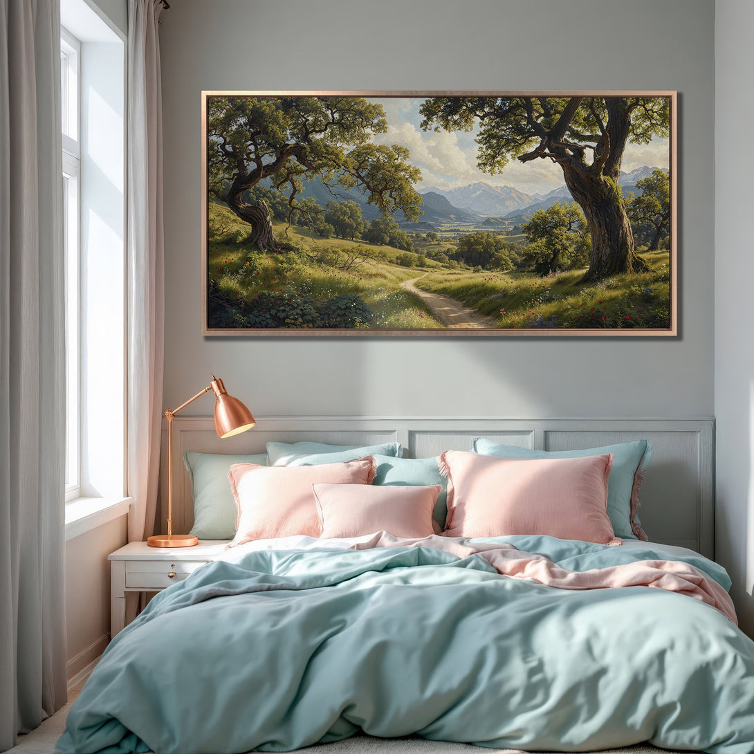 Framed Wall Art featuring a serene landscape painting in a bedroom. Earthy tones and soft blues create a calming atmosphere. Elevate your space with this Canvas Print.