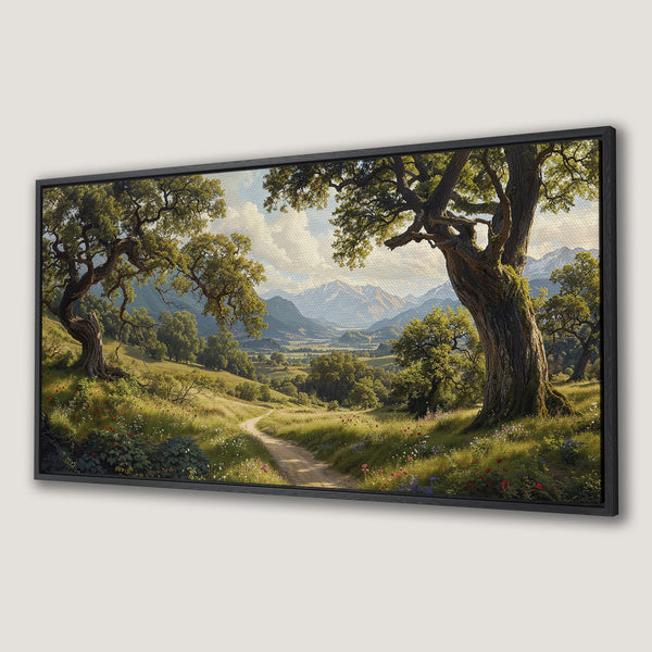 Framed Wall Art of a serene landscape with a winding path, trees, and mountains. Earthy tones of green, brown, and blue create a calming aesthetic.