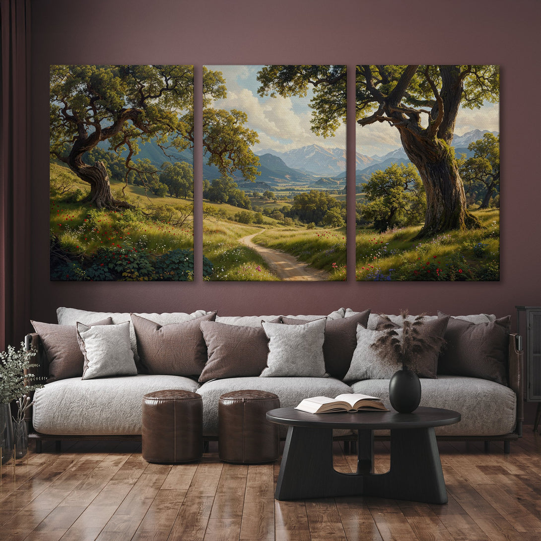 Canvas Print of a serene landscape with trees, path, and mountains, featuring a warm, natural color palette. Perfect wall art for your home!