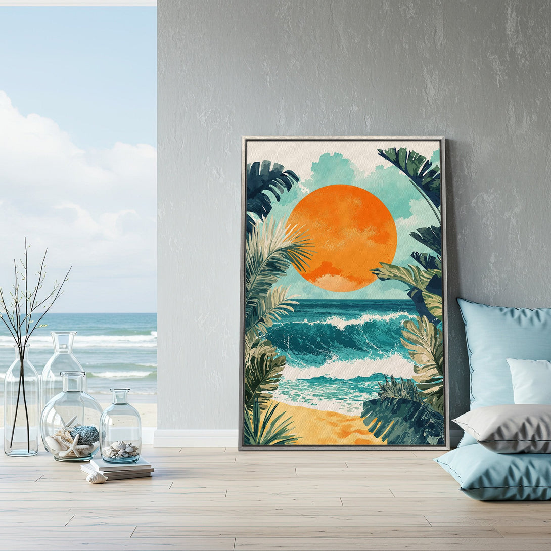 Framed Wall Art featuring a tropical beach scene with an orange sun, lush greenery, and turquoise waves. Coastal style art in a vibrant, warm color palette.