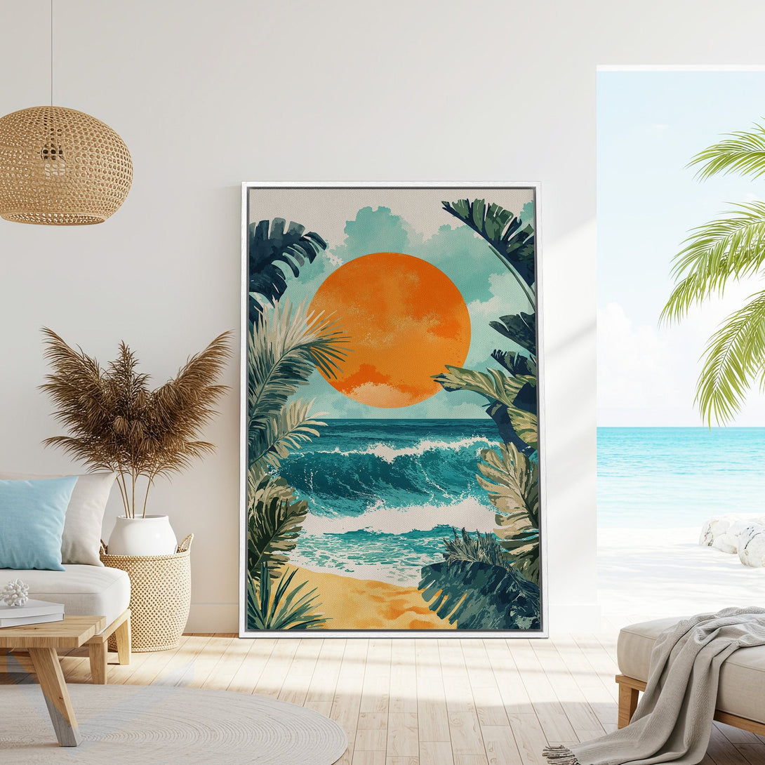 Framed Wall Art: Tropical beach scene with vibrant orange sunset, turquoise waves, and lush green foliage. Coastal art in a modern, relaxing style.