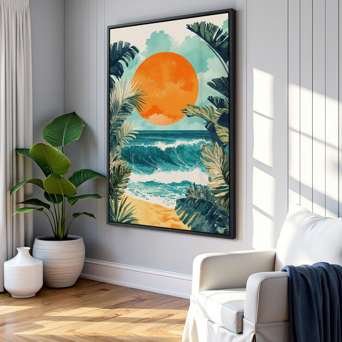Framed Wall Art featuring a tropical beach scene with a vibrant orange sun, lush green foliage, and teal ocean waves. Coastal decor in a modern interior.