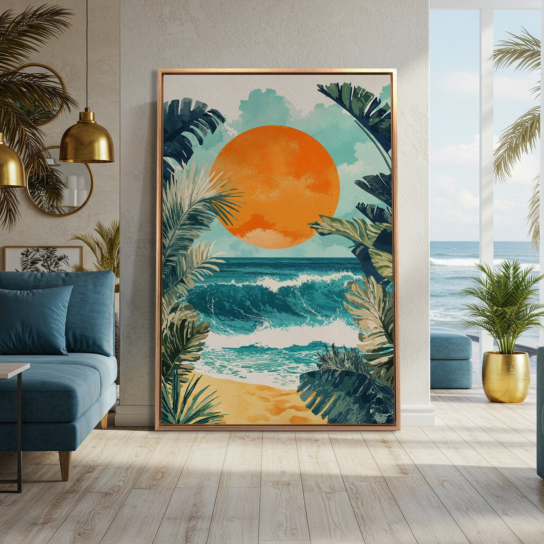 Framed Wall Art featuring a tropical beach scene with an orange sun, teal waves, and lush green foliage. Coastal style, vibrant color palette.