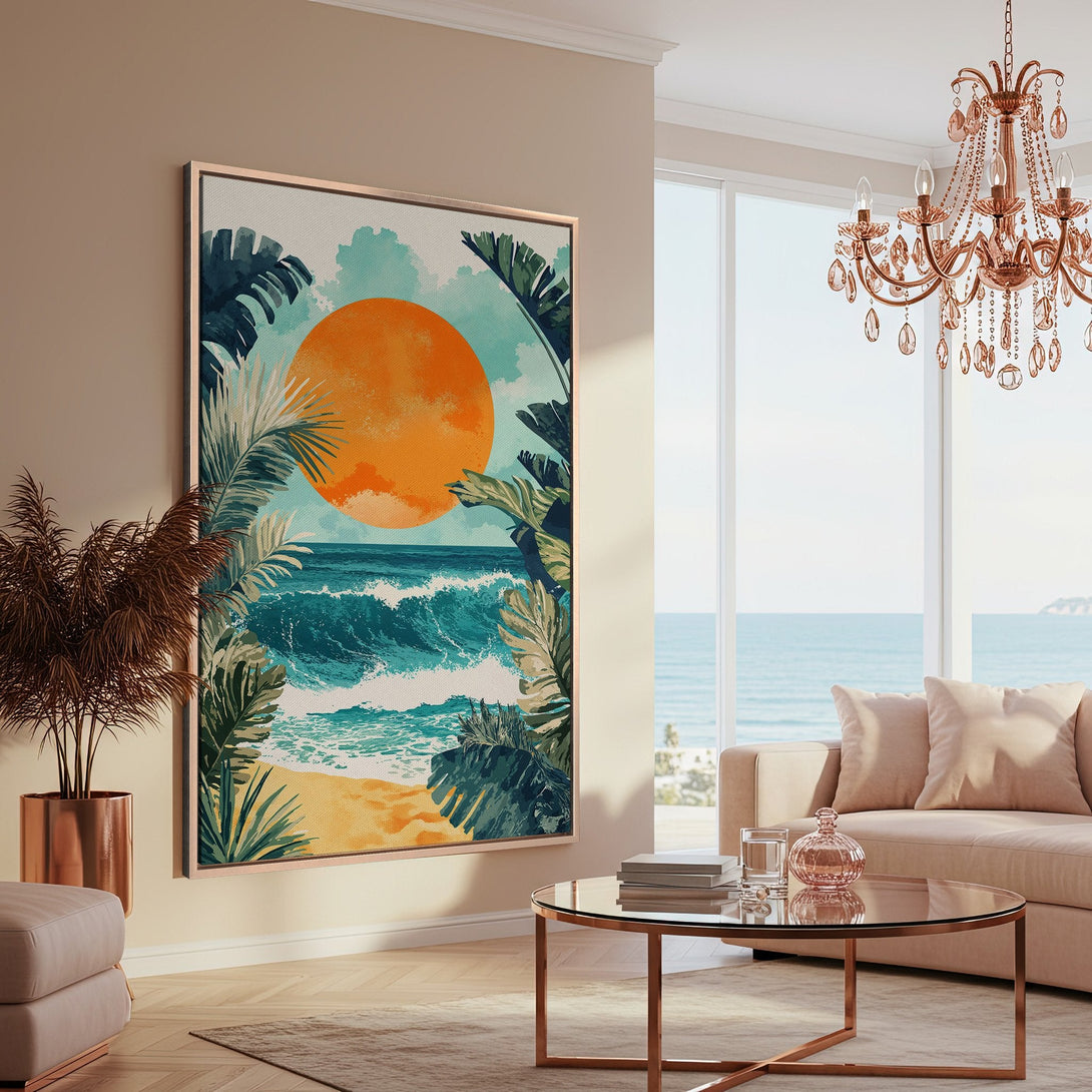 Framed Wall Art: Coastal sunset canvas print in a modern interior. Featuring vibrant orange, teal, and green tones. Perfect for adding a touch of serenity to your space.