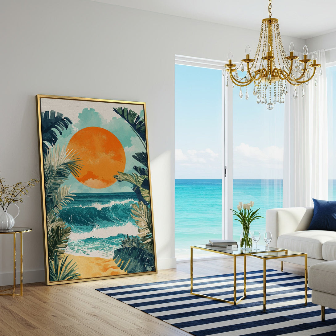 Canvas Print of a tropical beach scene with a vibrant orange sun, in a watercolor style with blue, green, and orange hues, perfect for coastal decor.