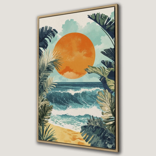 Framed Wall Art of a tropical beach scene with a vibrant orange sun, lush green foliage, and ocean waves. Watercolor style, warm color palette.