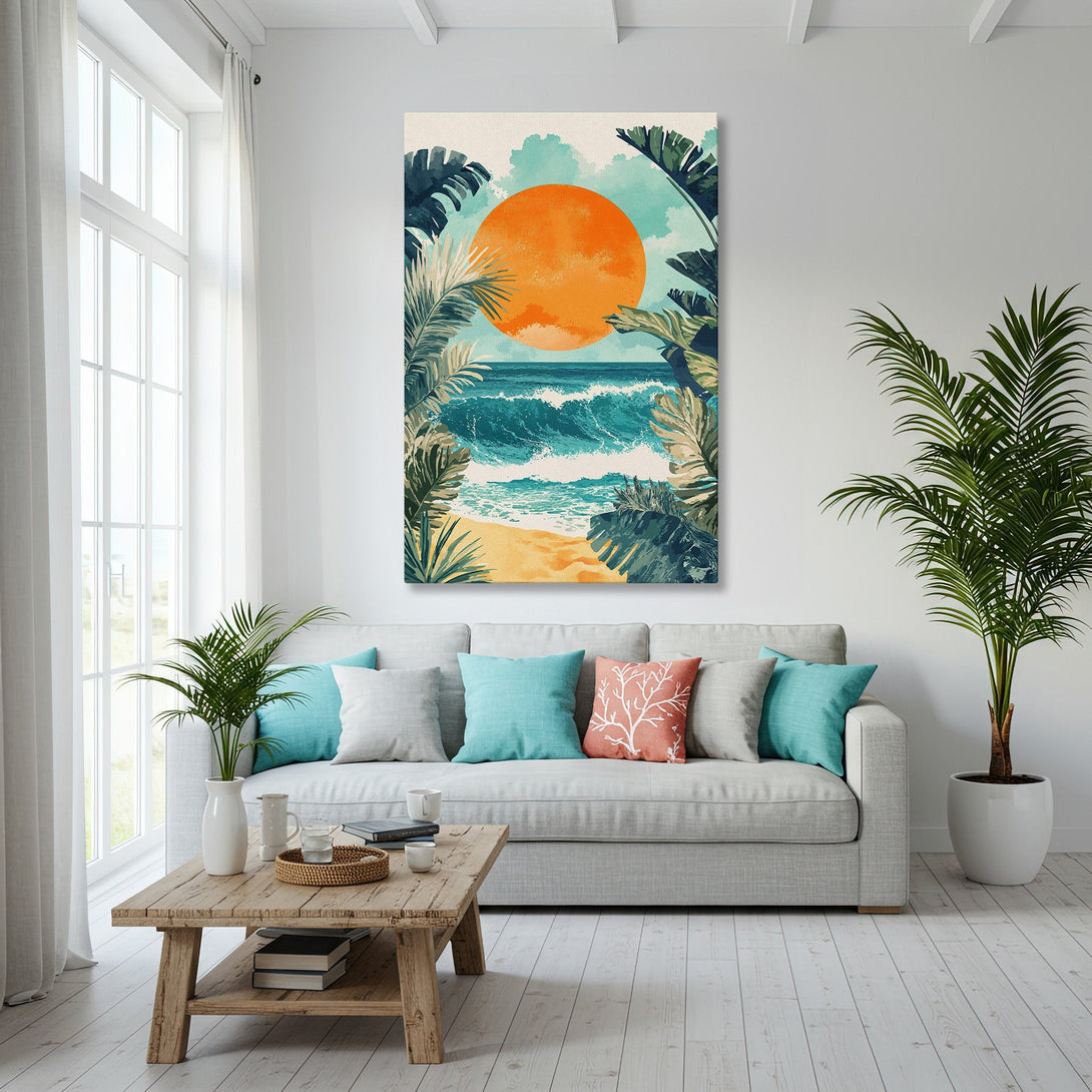 Framed Wall Art: Coastal sunset Canvas Print in a modern living room. Features vibrant orange, teal, and green hues. Perfect for beach house decor!