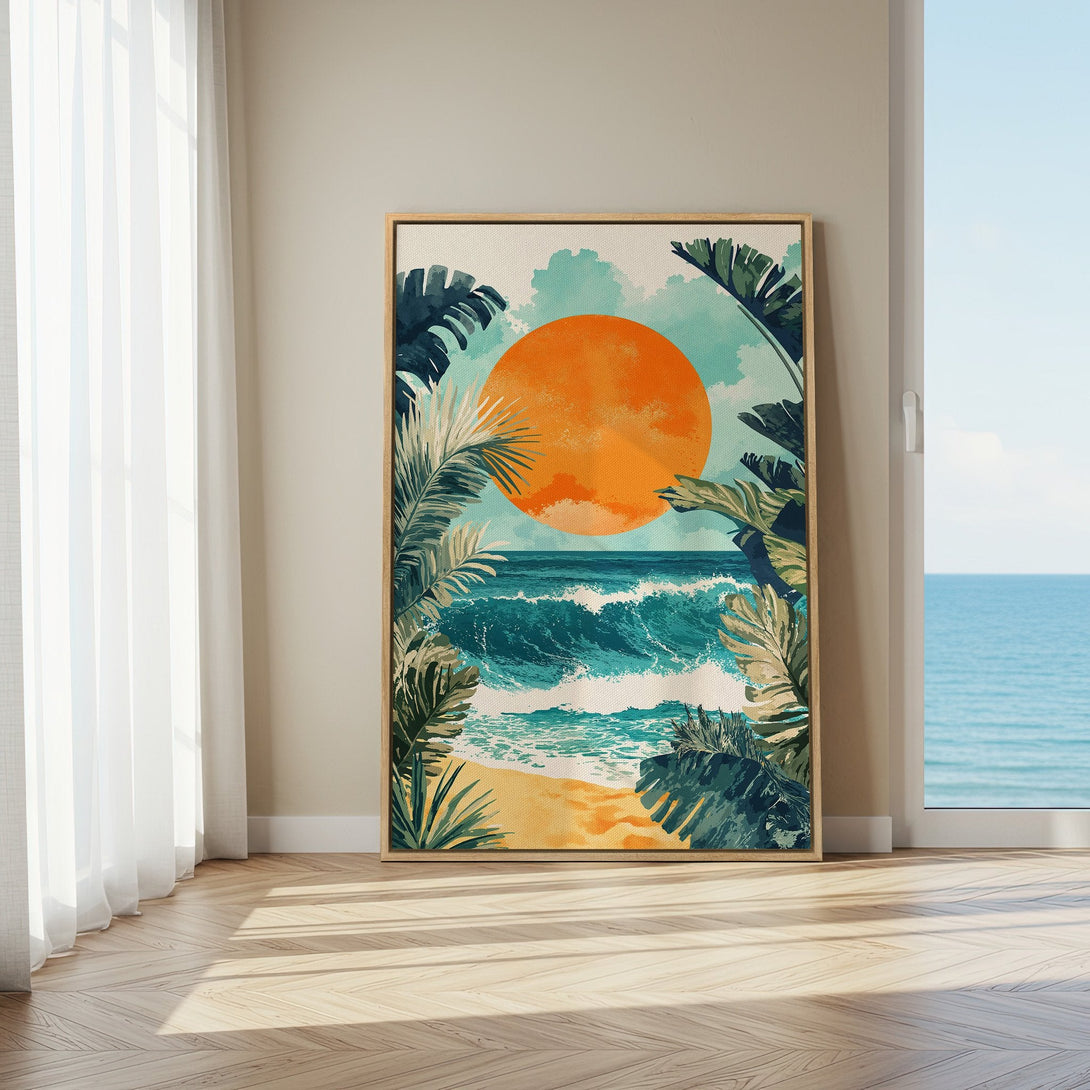 Framed Wall Art: Tropical beach scene with vibrant sunset, lush greenery, and ocean waves. Watercolor style, warm orange, teal, and beige color palette.