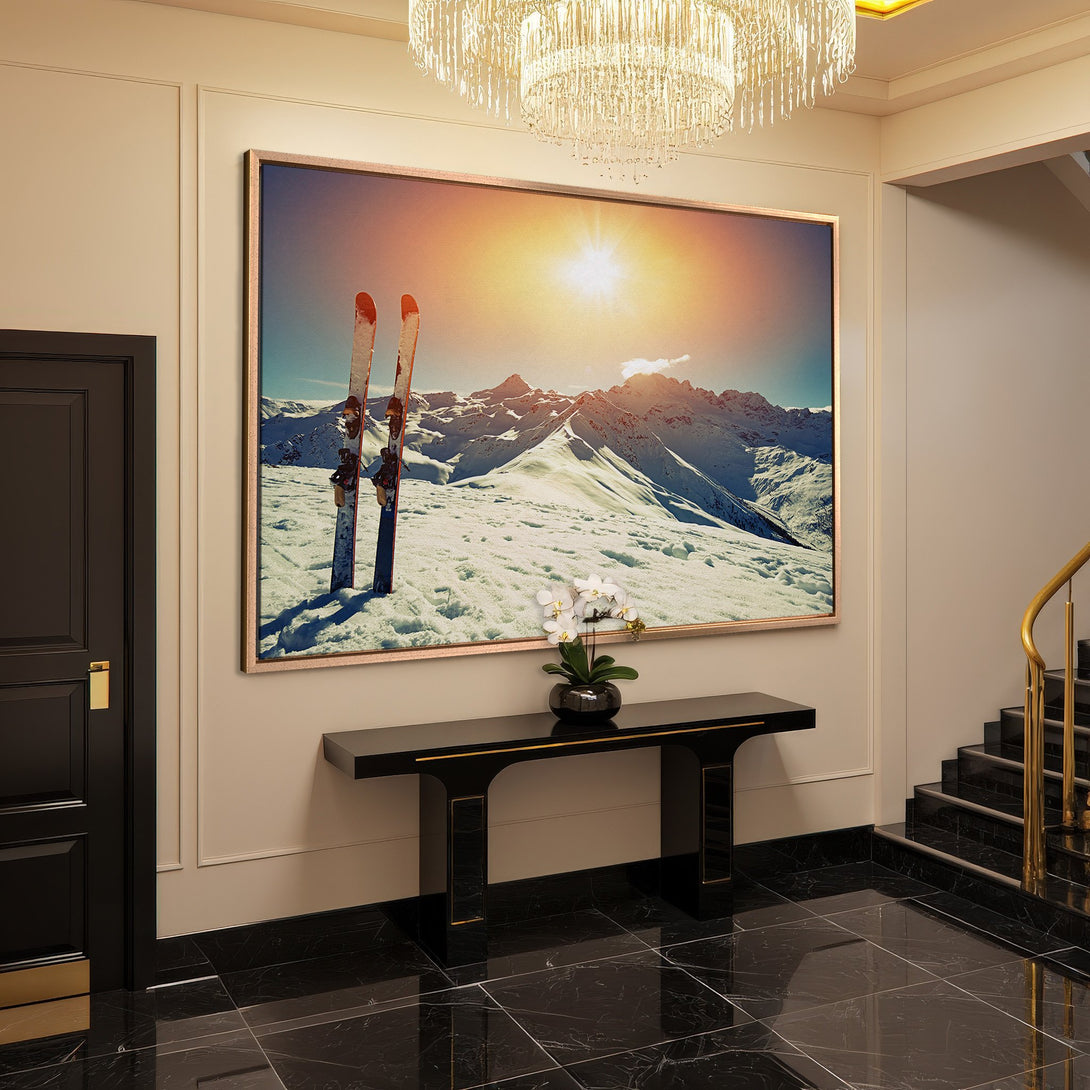 Framed Wall Art: Stunning ski mountain landscape Canvas Print with warm tones. Perfect for modern decor.