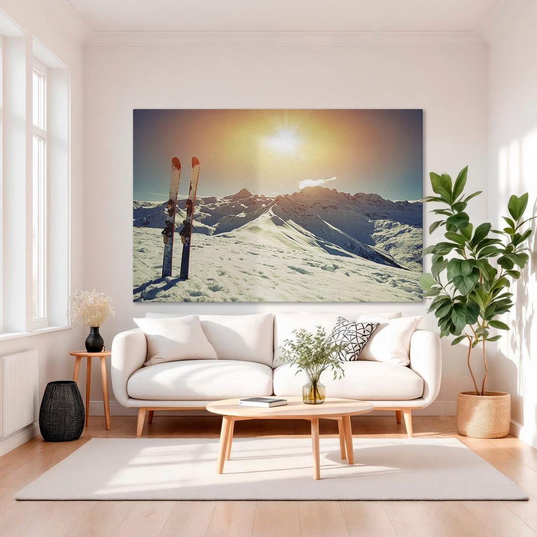 Framed Wall Art: Stunning mountain landscape Canvas Print with skis. Warm, sunny color palette perfect for adding a touch of adventure to your home decor.