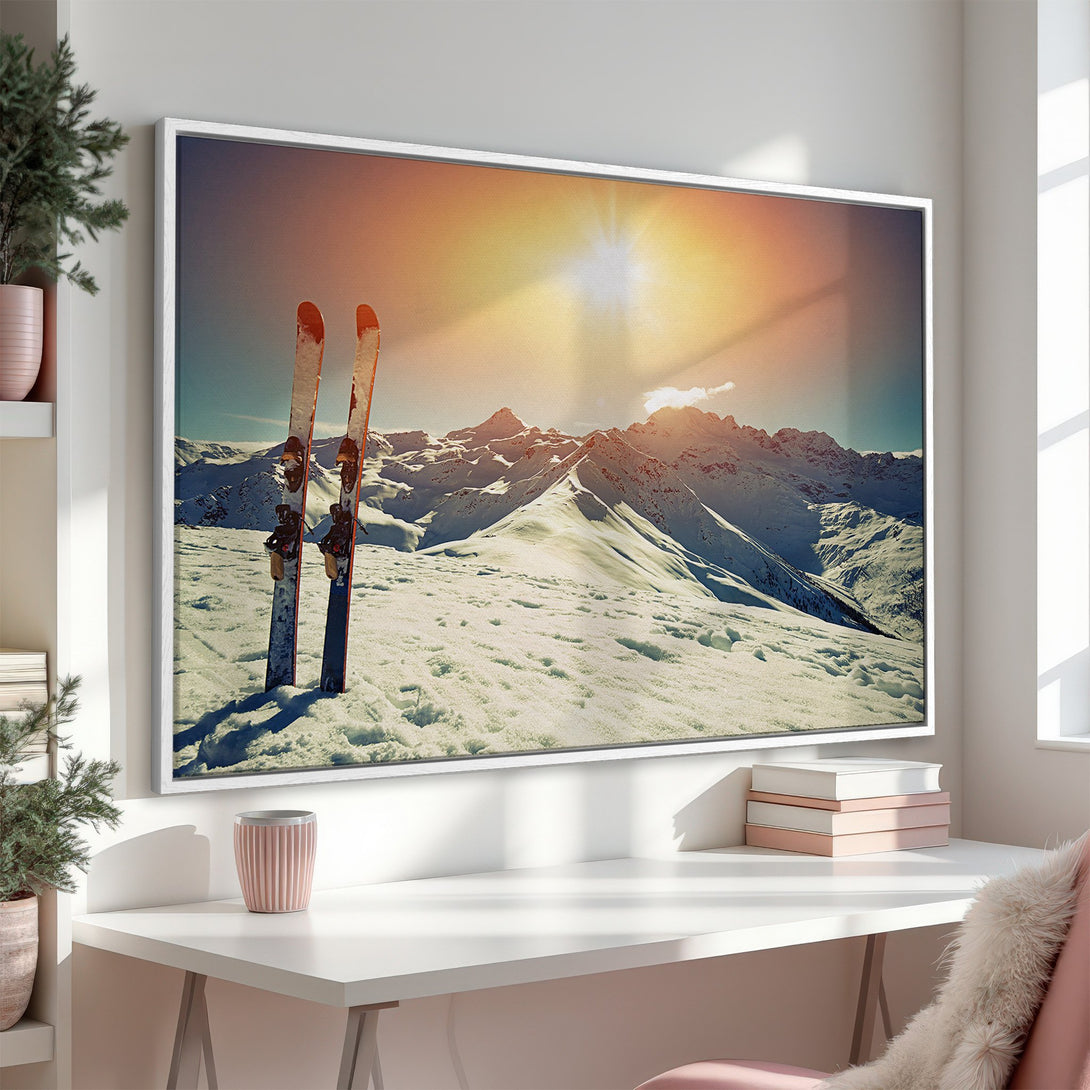 Framed Wall Art: Stunning ski scene Canvas Print with warm sunset colors. Bring the beauty of the mountains into your home. Perfect for a cozy, inviting space.